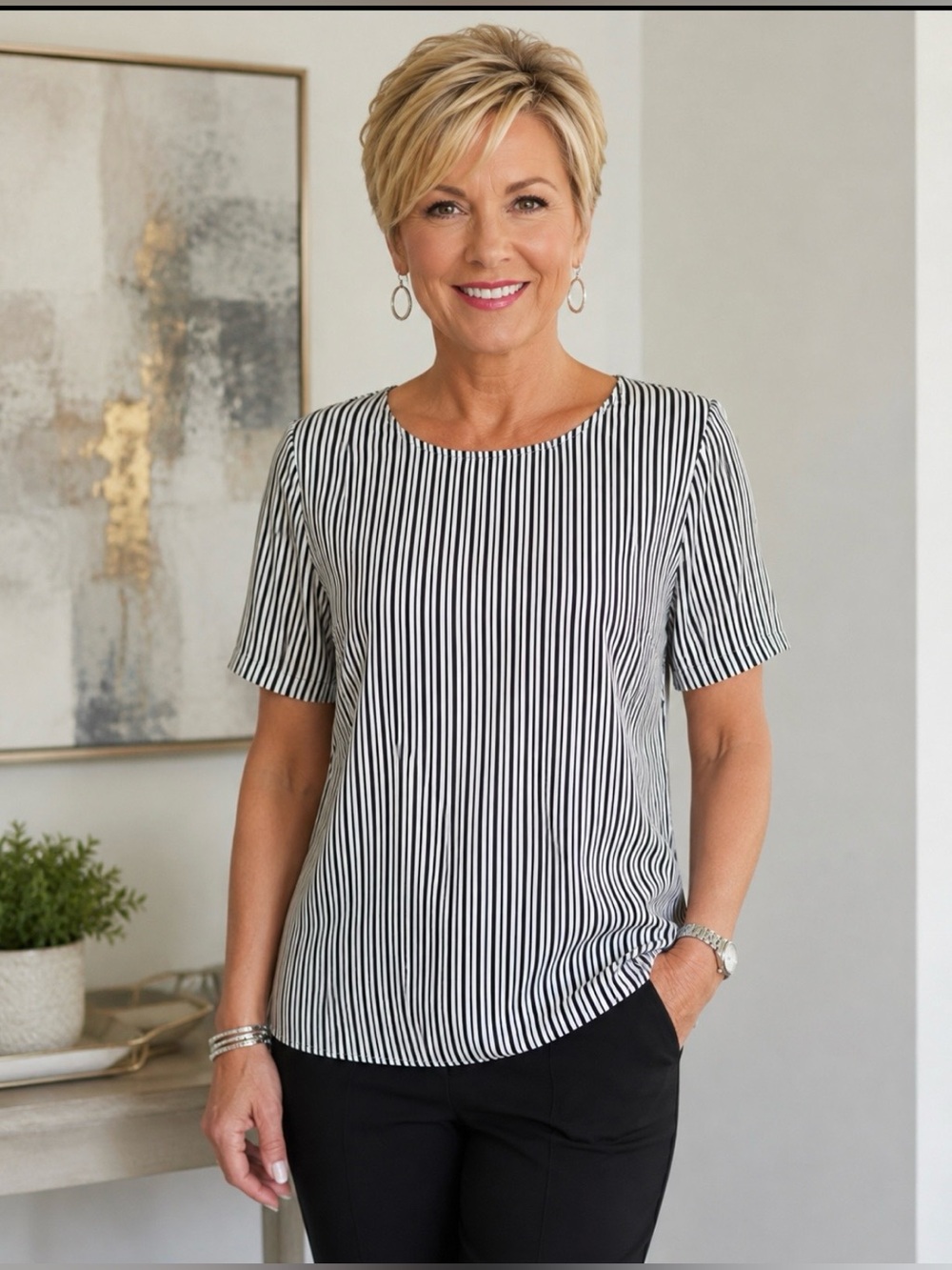 Chico’s Black Label Striped Silk Blouse | Black White Pinstripe Short Sleeve